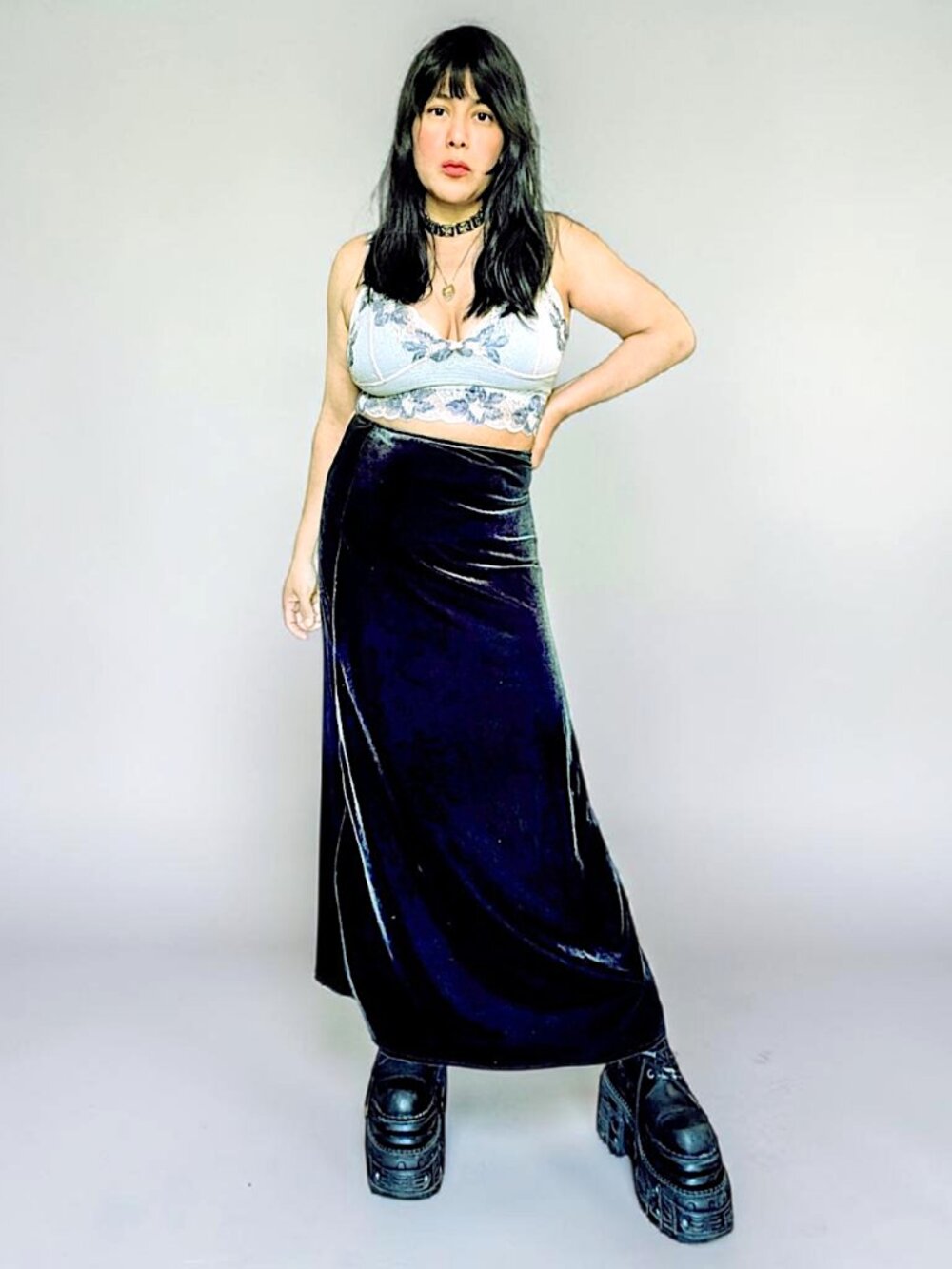 VTG 90s paper tag dark green rib cage high fairy goth grunge velvet maxi skirt 4